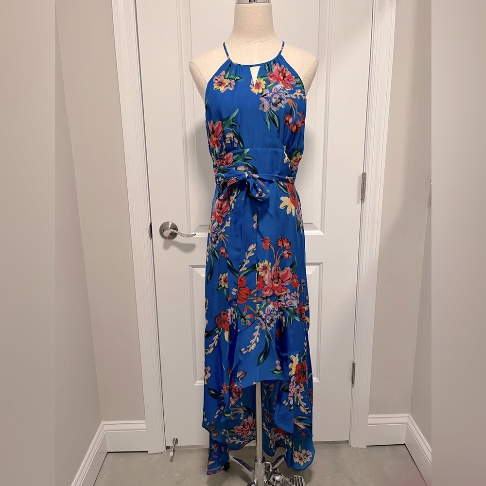 Parker - Royal Blue Cobalt Floral-Print Halter Hi-Lo Maxi Dress - 4 - Like New